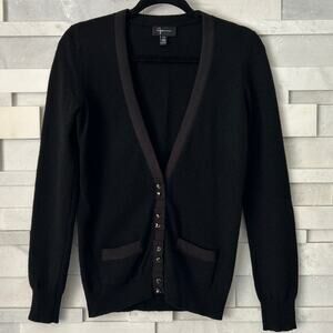 AQUA CASHMERE Black Grosgrain Trimmed V-neck Cardigan with Rhinestone Buttons XS